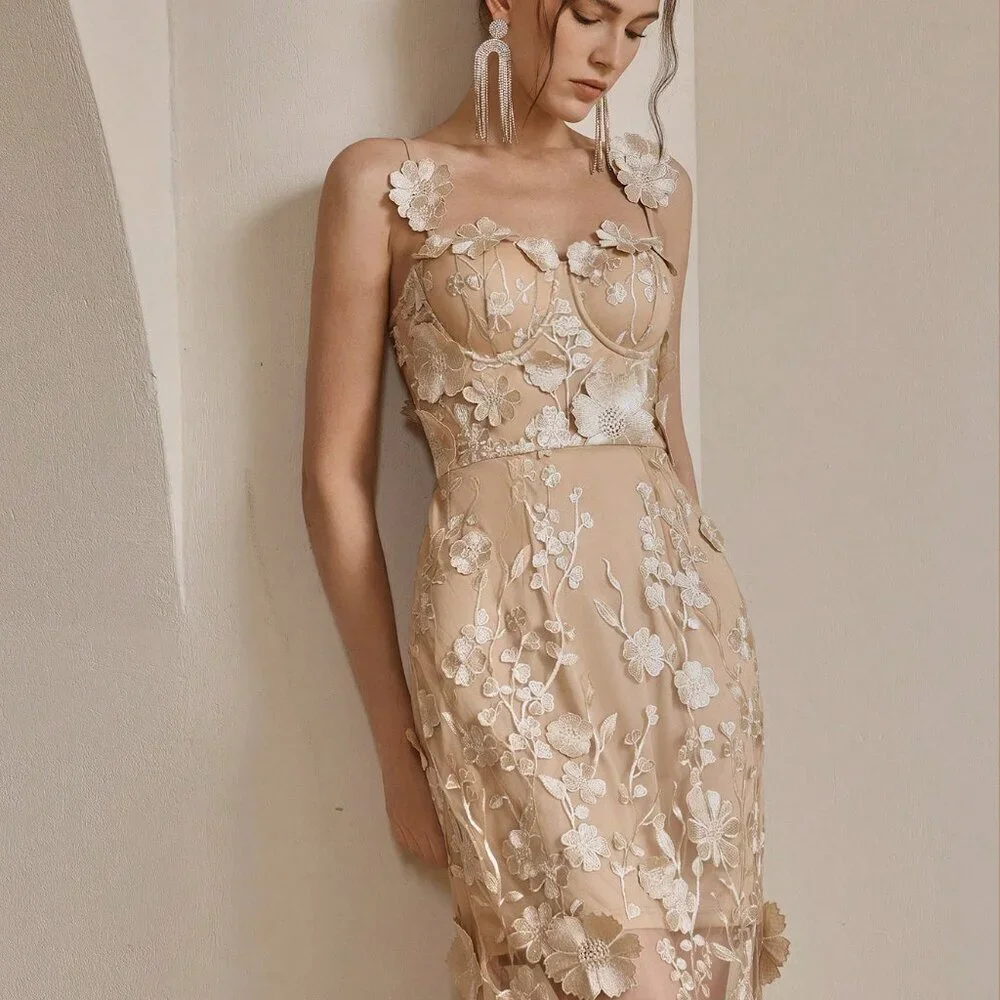 Champagne Elegant Women's French Luxury Floral Embroidery Mesh Camisole Dress